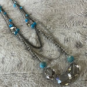 Silver tone multi strand chain necklace faceted crystal beads blue stations SV